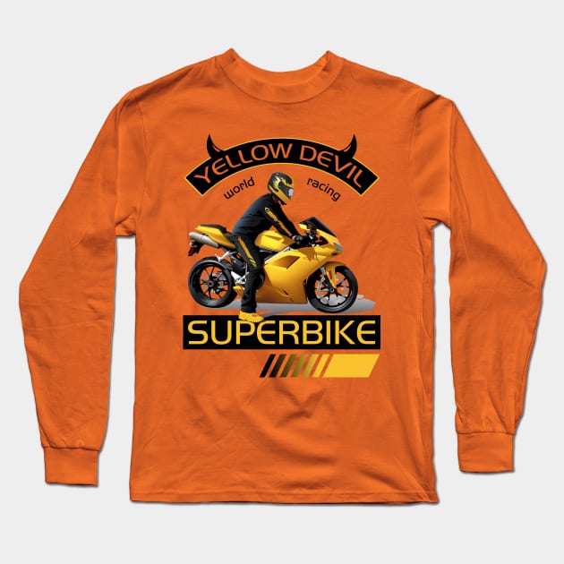 Yellow Devil Superbike World Racing, T-shirt for Biker, MotorCycle Rider Tee, Biker Dad Gift Long Sleeve T-Shirt by Ben Foumen